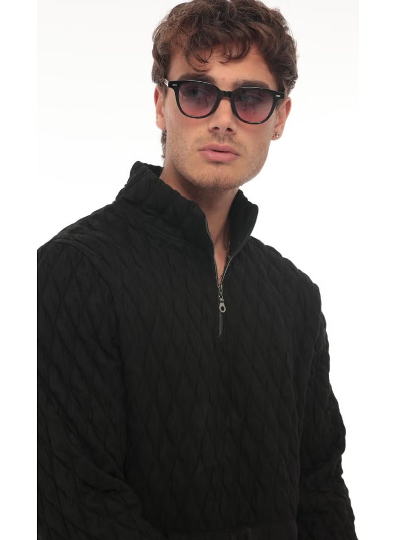Miron Black Quilted Detailed Half Zipper Regular Fit Sweatshirt - 2326 - Image 3